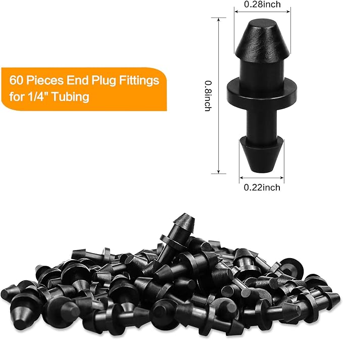 1/4" Drip Irrigation End Plug Fittings, 60 Pieces Drip Barbed End Cap Connectors for 1/4 Inch Irrigation Tubing, Drip Line Goof Plugs for Garden Lawn Systems