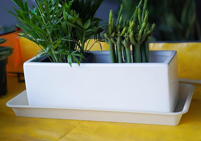 2 Pack Plastic Plant Trays Rectangular 14 inch, Indoor/Outdoor Plant Water Drip Trays for Flower Pot Planter, Windowsill (6.8 X 14.5'', Beige)