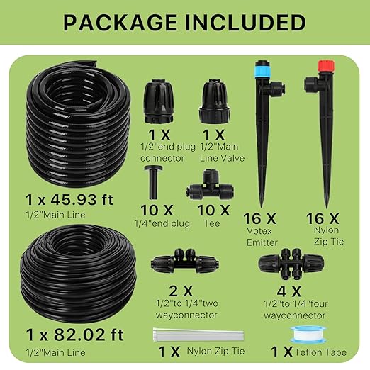 Drip Irrigation System โ 2025 Upgraded Garden Watering System with 46FT 1/2'' Tubing, New Quick-Connect 1/4 inch Fittings Automatic Sprinkler for Garden Lawn Greenhouse Plant Flower Bed