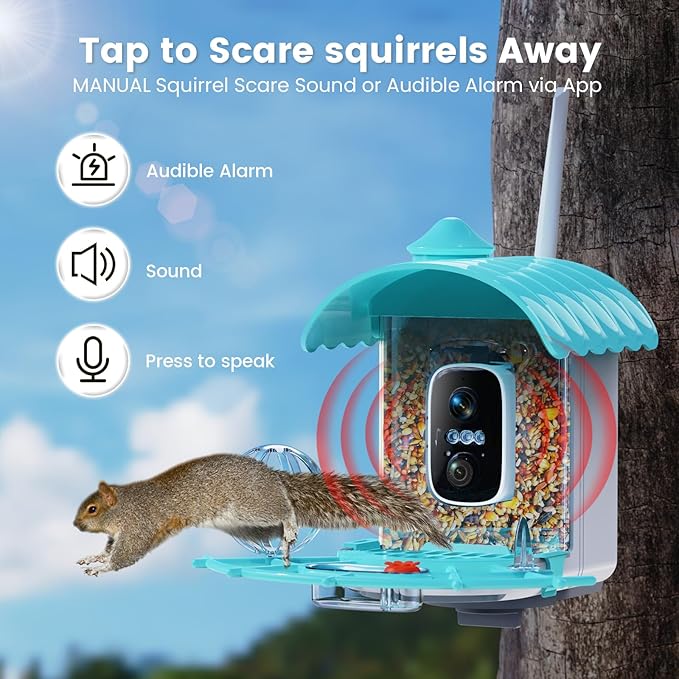 Smart Bird Feeder with Camera, AI Identify Birds Species Solar Powered, 2K HD Video Bird House with Camera, Instant Arrival Alerts, Waterproof Squirrel Proof, Gift for BirdLovers, 2.4GHz WiFi, Blue