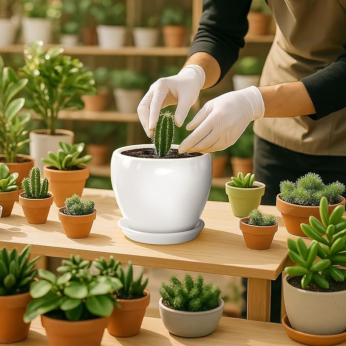 Deep Dream 6 Inch Plant Pot - Ceramic Planter with Drainage Hole and Trays, Modern Round Flower Pot, Planters for Indoor Outdoor Plants, Home Garden Decor, White