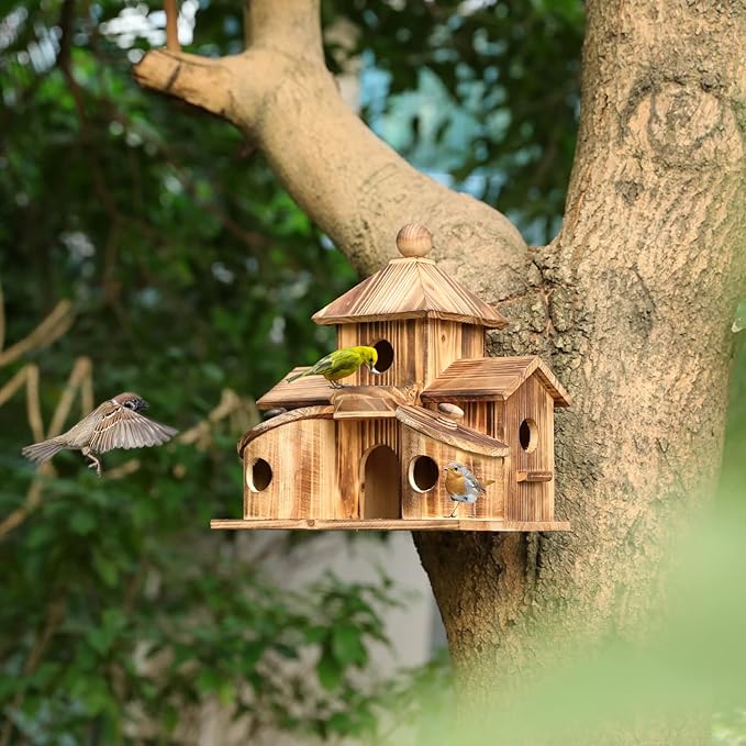 2in1 Bird House&Bird Feeder.Bird House for Outside,Hummingbird House with 6 Hole,Bluebird Finch Cardinals Hanging Big Birdhouse,Nesting Box Birdhouse for Backyard/Patio Decor.