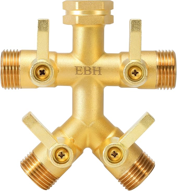 EBH Brass Garden Hose Splitter Full Flow, Outdoor Faucet Heavy Duty Hose Splitter 4 Way High Flow, 3/4-Inch Multi-Angle Spout with 4 Individual On/Off Valve and Extended Handle