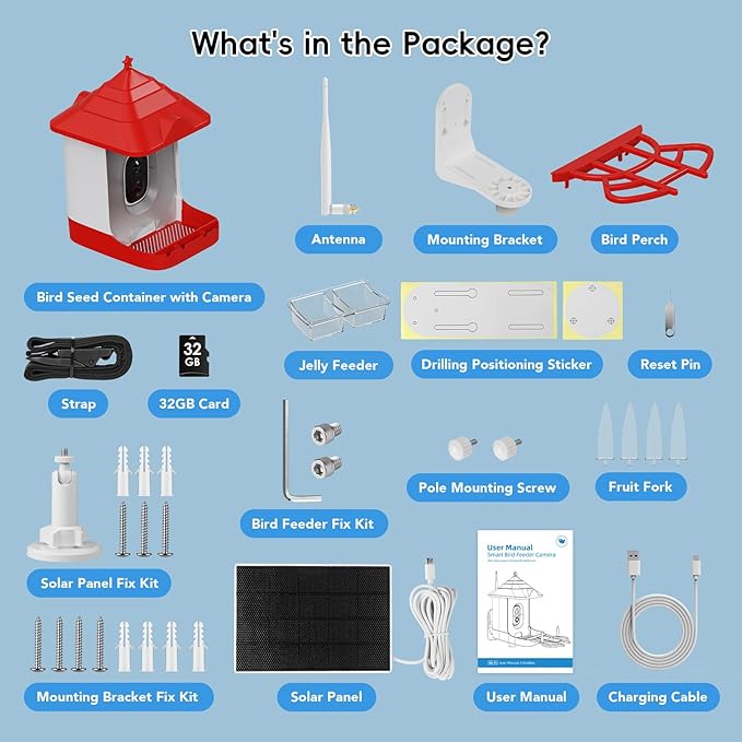 Smart Bird Feeder with Camera, Solar Panel & 5200mAh Battery, 4K HD Video, AI Identification, Instant Arrival Alerts & Alarm, IP65 Weatherproof, 32GB Card, 2L Capacity, Bird Lover’s Smart Companion