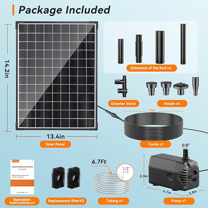 Biling 25W Solar Fountain Pump, Solar Pond Pump equipped filtration and anti-dry Protection, Solar Pond Fountain with PVC Tubing Various Nozzles Accessories for Water Garden & Pond Pumps