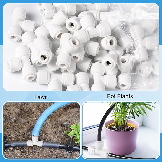 30 Pcs 1/4" Drip Irrigation Tee Connectors for Tube Quick Connect Parts Fittings for 1/4 Inch(6.35mm) Irrigation Tubing or Sprinkler(White,Tee Connector)