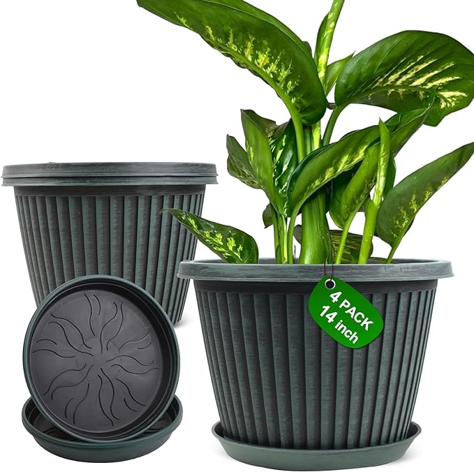 Large-Planter-Indoor-Outdoor Plant Pots, 14 inch 4 Pack Plastic Flower Pots with Saucer And Drainage Holes, Modern Garden Planters For Planting Medium Large Plants, Decorative Resin Garden Pots