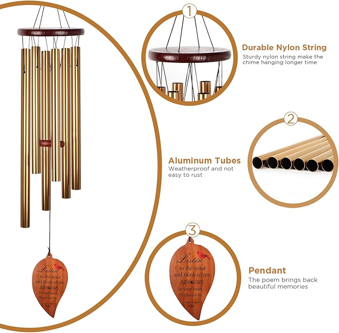 Golden Aluminium Windchimes for Outdoors - Deep Tone Memorial Wind Chimes for Loss of Loved One