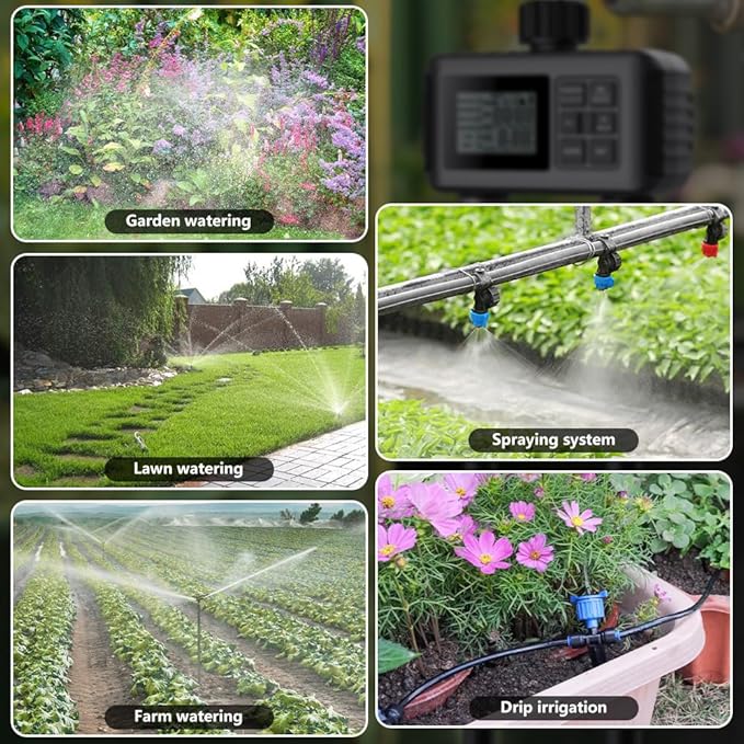 Uzoli SGW07 Sprinkler Timer, Programmable Water Timer for Garden Hose with 2 Outlets, Rain Delay, Manual, IP55 Waterproof Auto Drip Irrigation for Yard, Lawn, Pool