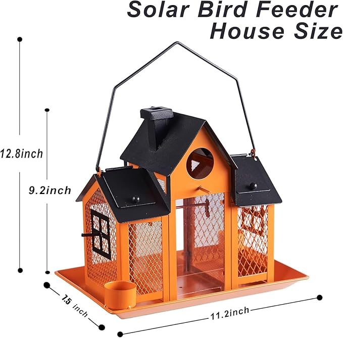 Solar Bird Feeders House for Outside Hanging, Metal Wild Bird Feeder for Outdoors, Large Cardinal Bird Feeder Birdhouses Orange