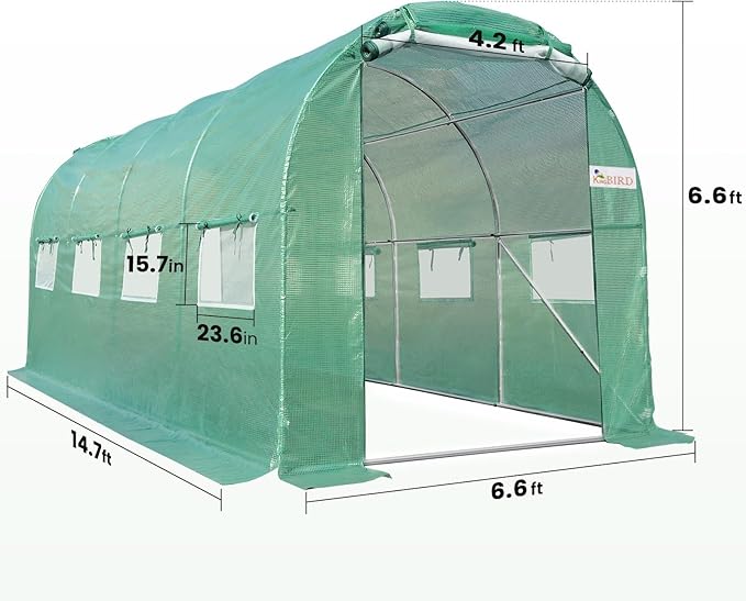 KING BIRD Premium 15x6.6x6.6FT Greenhouse for Outdoors, Large Walk-in Upgraded Galvanized Metal Frame, Mesh Door Screen Window Improved Zipper Tunnel Hoop for Garden Plant Winter, Green