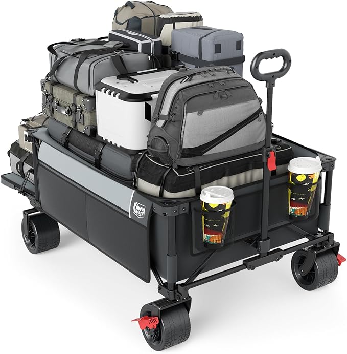 TIMBER RIDGE 600L Beast Wagon 26" W Extra Wide All Terrain Folding w/Big Wheels, Cargo Net & Tailgate, 26" W and 55.25" L, Capacity and 400lbs Heavy Duty Collapsible Portable Cart, Grey