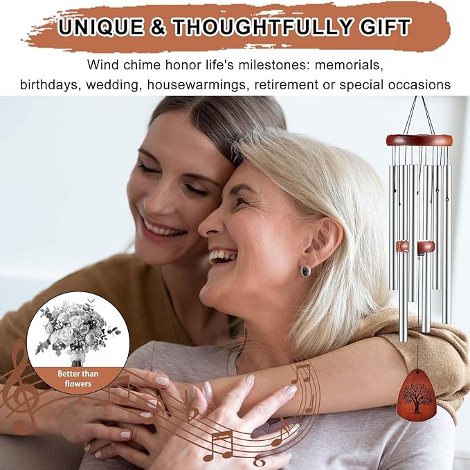Wind Chimes for Outside, 32" Memorial Wind Chimes for Loss of Loved One Mother Father, Memorial Sympathy Gift Outdoor Garden Patio Decor, Bereavement Gift for Loss of Mom Dad (Classic Silver)