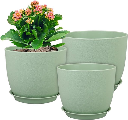 Medium Plant Pots 10/9/8 inch, Flower Pots for Indoor Outdoor Plants, Set of 3 Modern Decorative Plastic Planters with Drainage Holes and Saucers for House Porch Garden Plants, Green