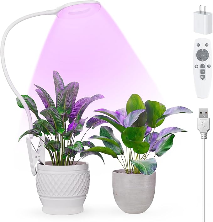 Full Spectrum Grow Lights for Indoor Plants, Clip On Plant Lights for Indoor Growing with 4/8/12H Timer, 3 Light Modes, 10 Dimmable Levels, Adjustable Gooseneck, Remote Control