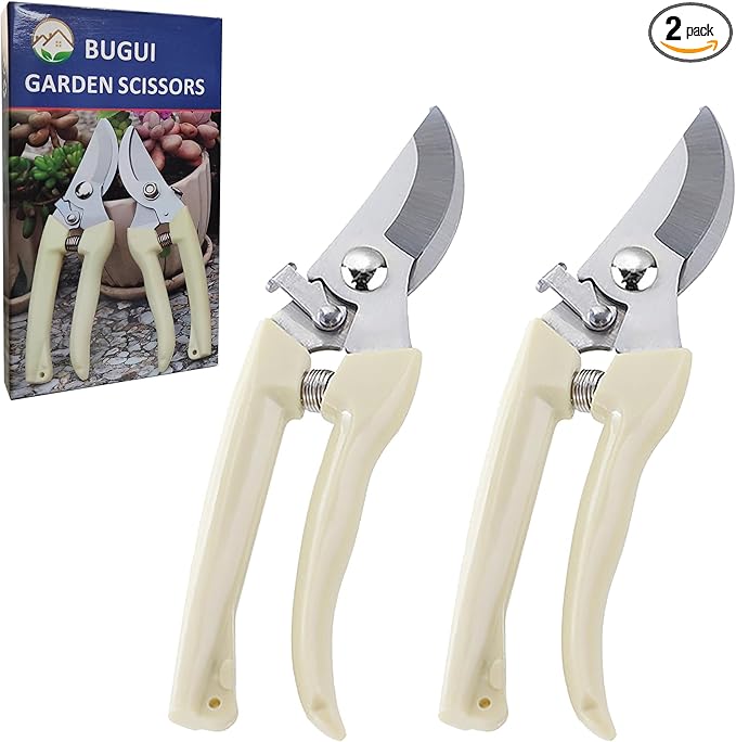 BUGUI Bypass Garden Pruning Shears - 2 Pack, Ultra Lightweight Hand Pruners Make Cut Smooth & Clean, Professional Gardening Scissors for Cutting Live Flowers, Plants, Light Branches