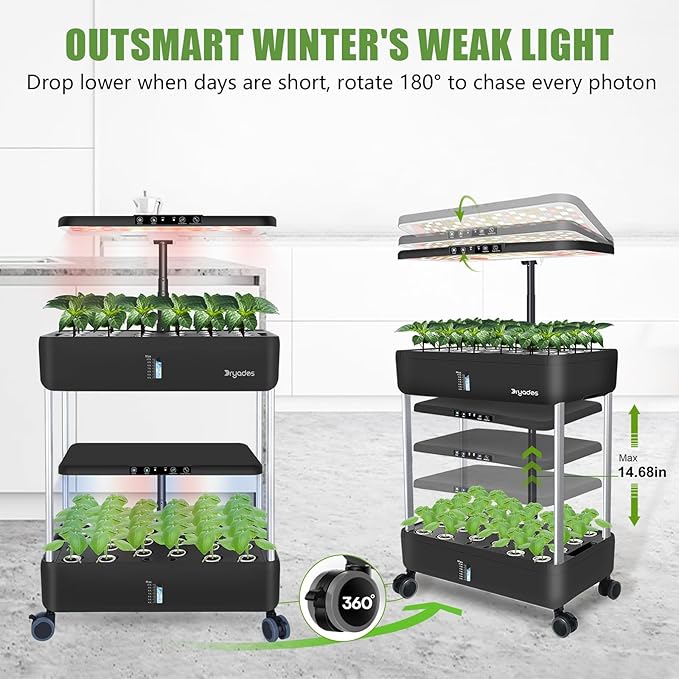 44-Pod Indoor Hydroponic Growing System + 3 Free Seeds Starter Kit (Lettuce, Salad Mixed, Basil Seeds) – Dual 53W Full-Spectrum LED, 10-L Water Tank, 2-Tier Grow Pods