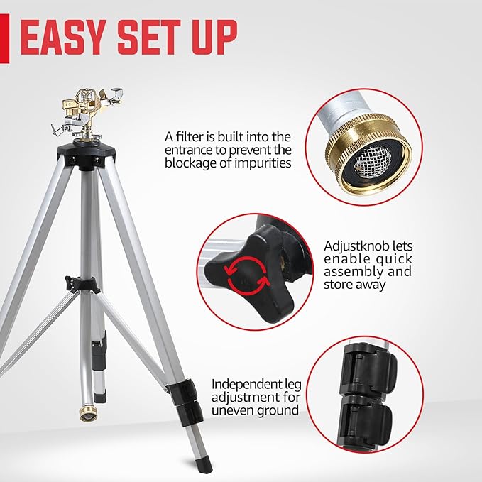 YAMATIC Impact Sprinkler on Tripod Base, 360 Degree Large Area, Heavy Duty Adjustable Pulsator Sprinkler for Lawn Yard and Grass, Spray up to 20-90ft, Brass Head, 2Pcs