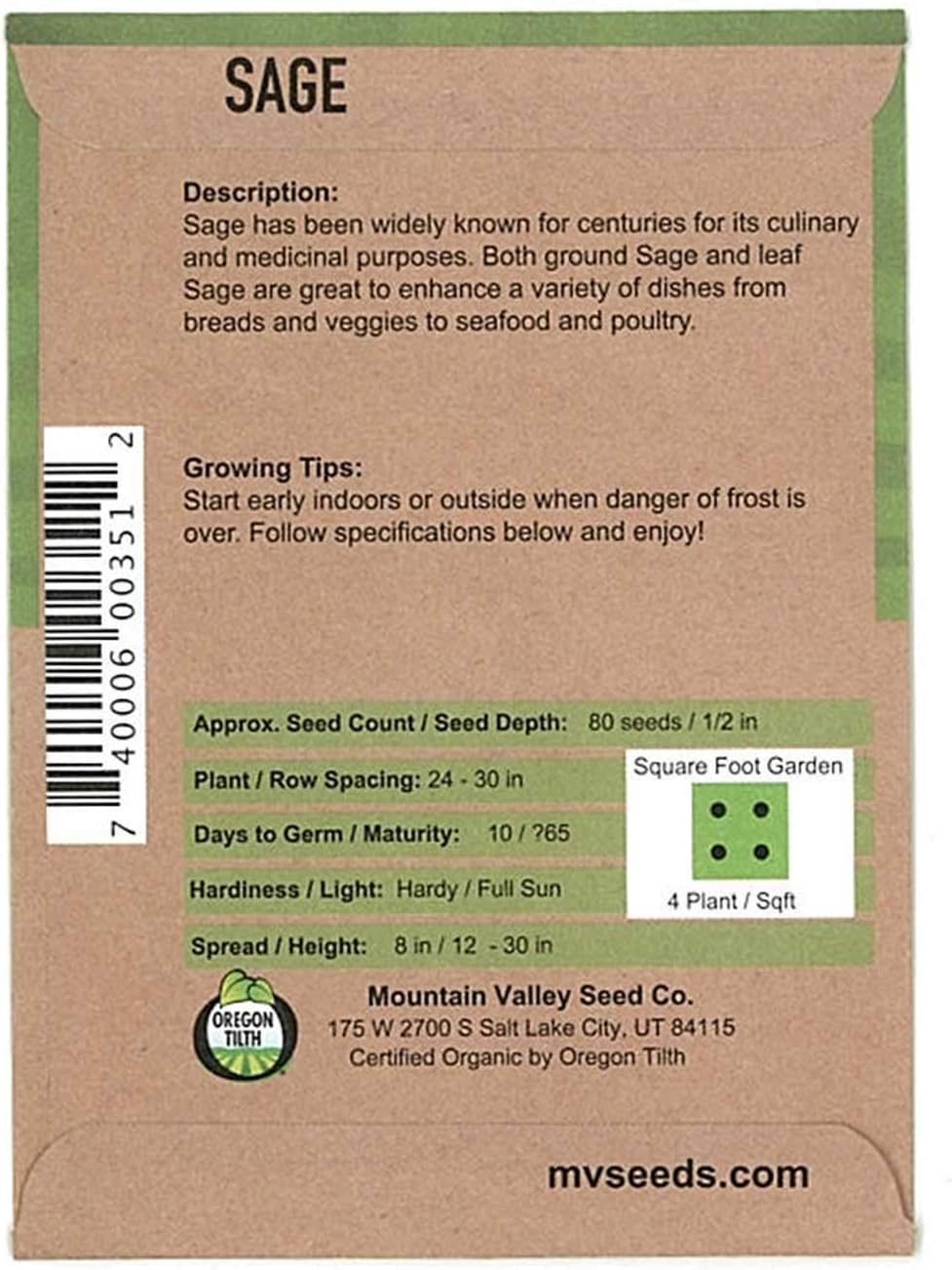 Organic Sage Seeds - 500 mg Packet - Non-GMO Herb Garden Seeds - Culinary Sage for Cooking - Perennial Gardening