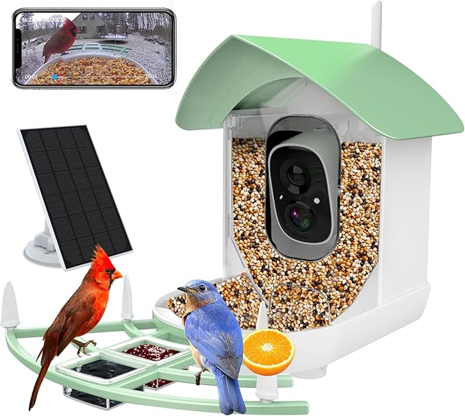 Bird Feeder with Camera, AI Identify Birds Species, FHD 2K Video Quality Bird Watching, Wireless Outdoor Weatherproof Birds House, Solar-Powered, for Garden, Yard,Patio, Green