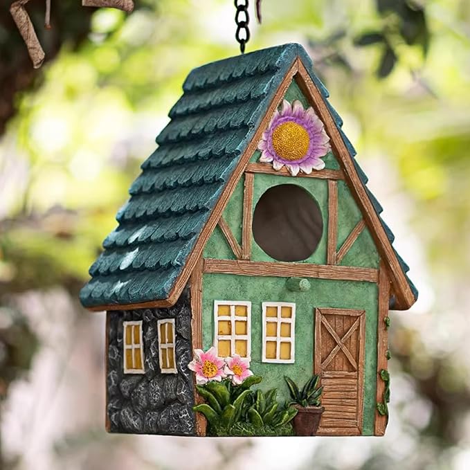 Cottage-Style Hanging Birdhouse with Flower Accents – Hand-Painted Resin Decorative Bird House for Outdoors, Weather-Resistant Garden Decor for Small Birds