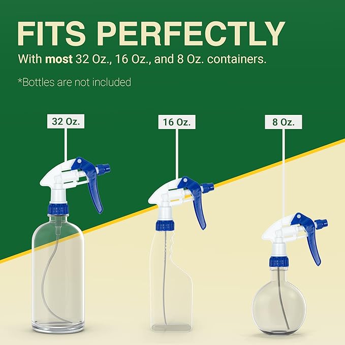 Heluva Green Spray Bottle Nozzle Replacement, Bottle Tops Only - Sprayer Nozzle Triggers for Heavy Duty, Commercial, Home Cleaning Solutions - Fits 8,16,24,32 oz Plastic & Glass Bottles, Blue 13 pack