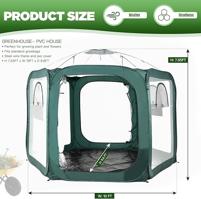 Porayhut Pop up Greenhouse Tent,Portable Large Walk-in Plant House 10’X10’ ,Indoor Outdoor Gardening Plant Sunshine Room with PVC Mesh Cloth Cover for Protecting Plant from Cold Frost & Birds
