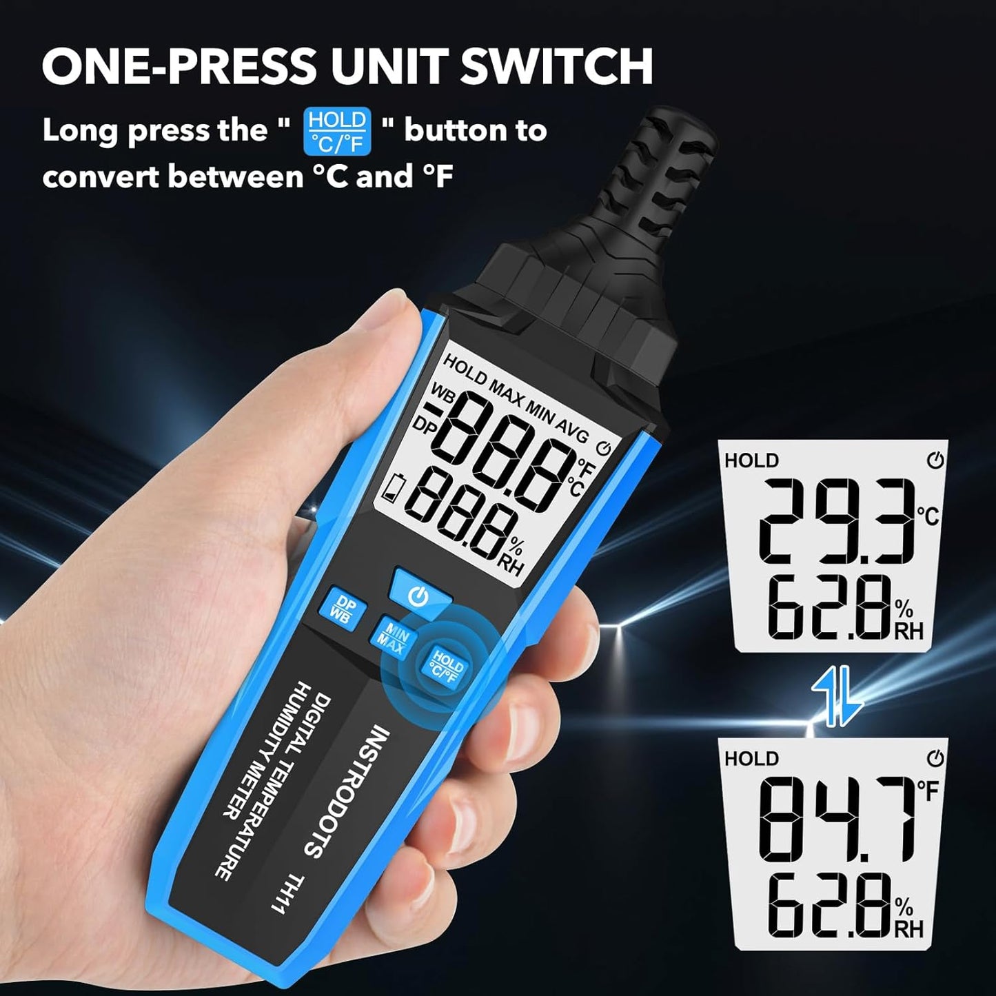 Temperature Humidity Meter, High Precision Digital Hygrometer with Ambient, Dew Point, Wet Bulb Temperature for Indoor Outdoor, Thermometer with Min/Max, Data Hold, LCD Backlight, TH11