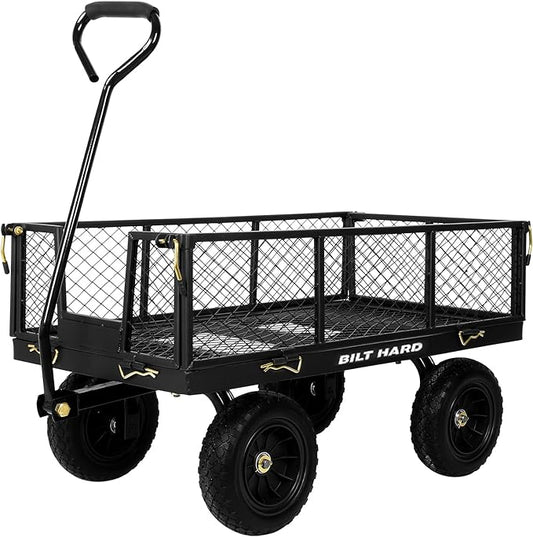 BILT HARD 10" Flat Free Tires Heavy Duty Garden Cart with 180° Rotating Handle and Removable Sides, 4 Cu.Ft 400 lbs Capacity Utility Steel Wagons for Outdoor