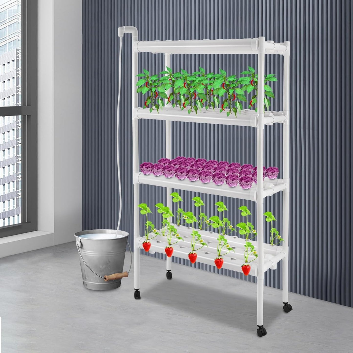 Hydroponics Growing System with Water Pump and Timing, 4 Layers Hydroponic Vegetable Growing Kit 108 Sites Food-Grade PVC-U Pipes for Fruits, Vegetables, Herbs