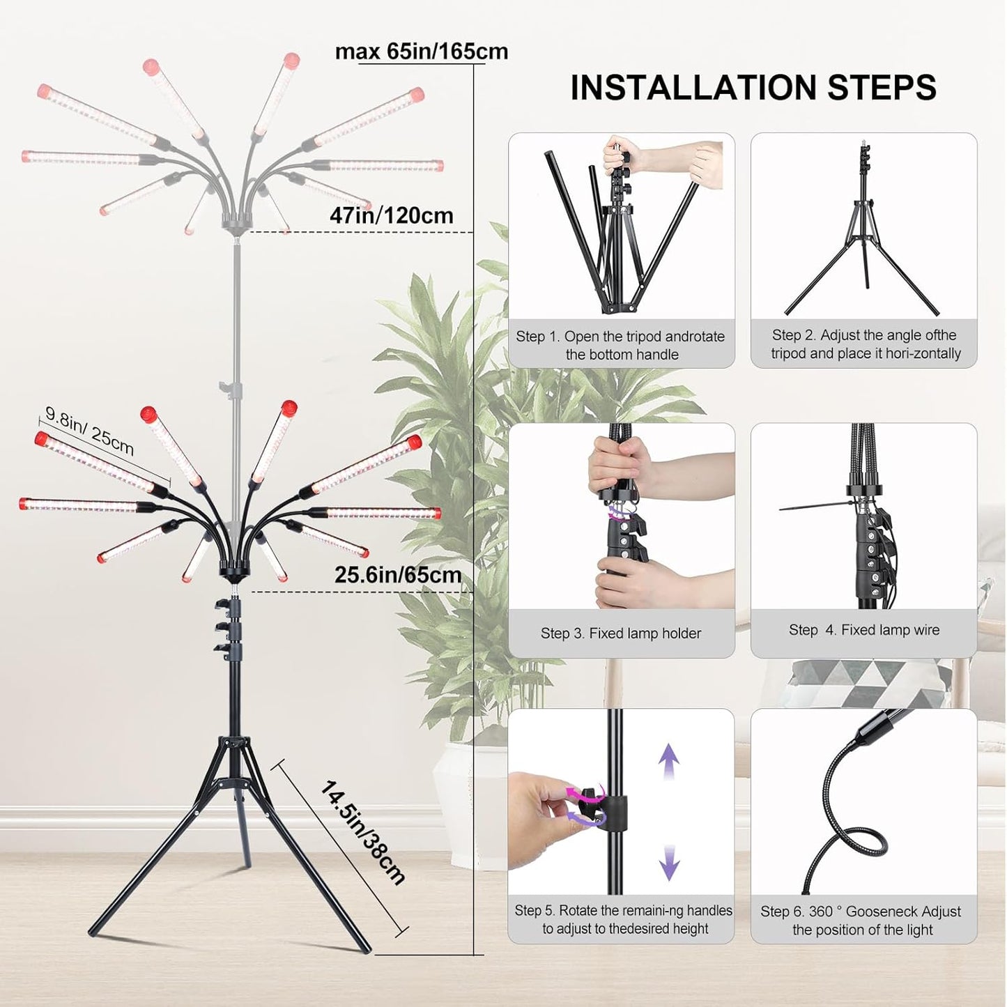 10Head Grow Lights for Indoor Plants, Seed Starting, Vegetables, Bonsai with Tripod Stand and Auto On/Off Timer 4/8/12H, 90W Power Full Spectrum Standing LED Plant Growing Lamps, 360° Gooseneck