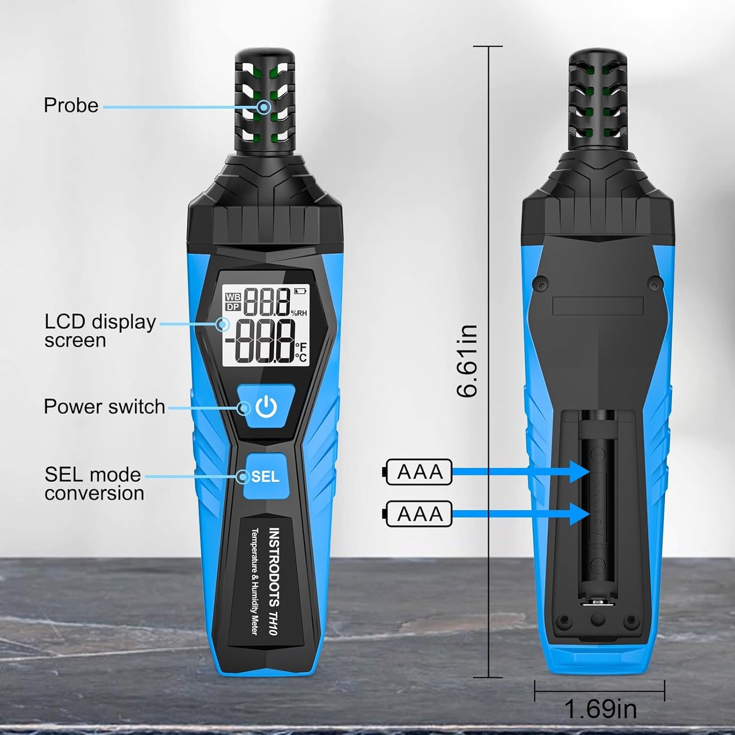 Temperature Humidity Meter - Handheld Thermometer Hygrometer with Ambient, Dew Point, Wet Bulb, High Precision Wet Bulb Thermometer, Dual Display Temperature & Humidity with LCD Backlight