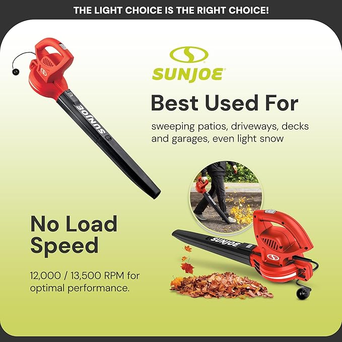 Sun Joe Corded Electric Leaf Blower Machine, 155 MPH, 260 CFM, 6-Amp Motor, Red - Portable and Lightweight Gardening Equipment for Yard Care and Lawn Maintenance, SBJ597E-RED