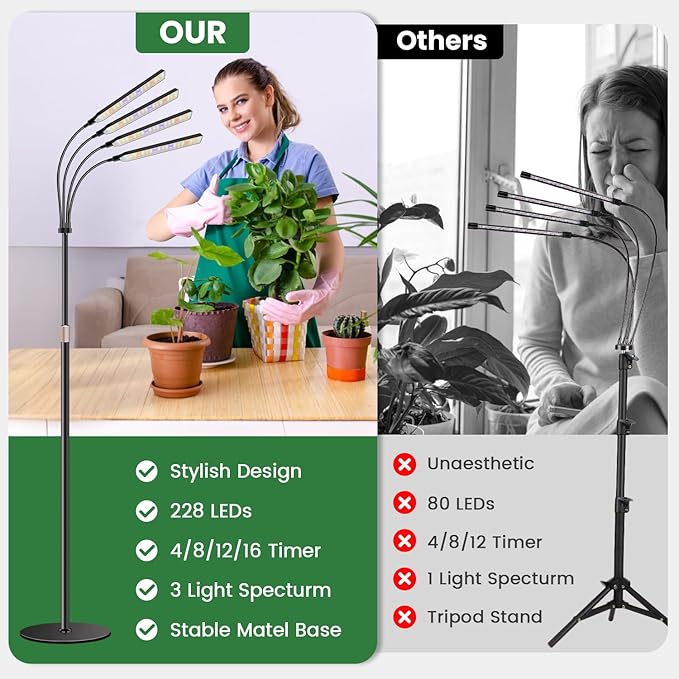 Grow Lights for Indoor Plants with Stand, 4-Heads Full Specturm Plant Grow Light with 4/8/12/16H Timer, 3 Color Modes, 360° Flexible Gooseneck, 24-68.7in Hight Adjustable Grow Lamp, Black