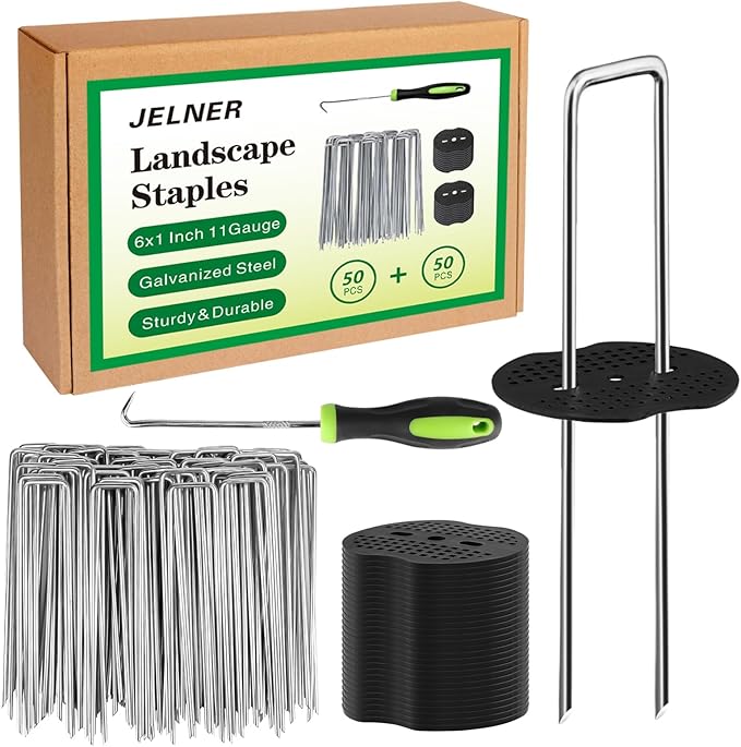 Garden Stakes,6 Inch 11 Gauge 50pcs Galvanized Landscape Staples + 50pcs Gaskets + 1Pick Hook,Tent Stakes Landscaping Fabric SOD Pins for Weed Fabric Barrier,Groud Cover,Fence