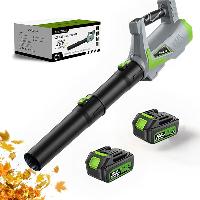 Leaf Blower Cordless 650CFM/170MPH with 2×4000mAh Batteries and Charger, PATOOLIO 5 Speed Mode Cordless Blower Handheld for Patio, Lawn Care, Snow Blowing, Leaves Blowing