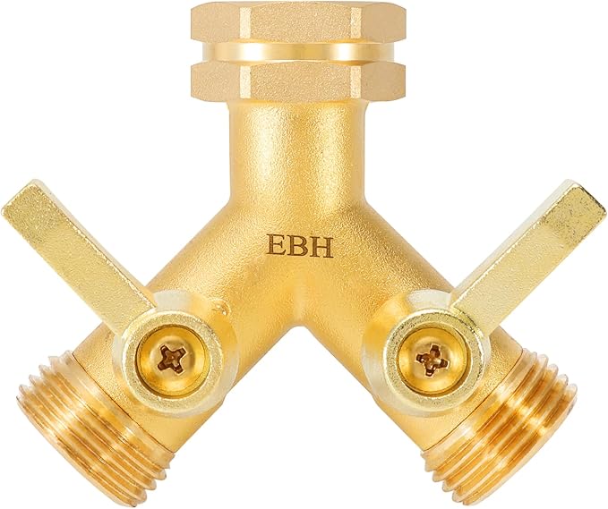 EBH Garden Hose Splitter, 2 Way Heavy Duty Hose Splitter with Shutoff Valves, Outdoor Faucet Y Spigot Adapter, 3/4" GHT Thread And Extra Long Metal Handle.