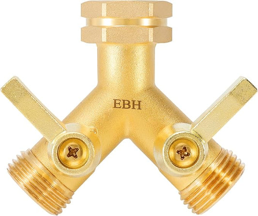 EBH Garden Hose Splitter, 2 Way Heavy Duty Hose Splitter with Shutoff Valves, Outdoor Faucet Y Spigot Adapter, 3/4" GHT Thread And Extra Long Metal Handle.