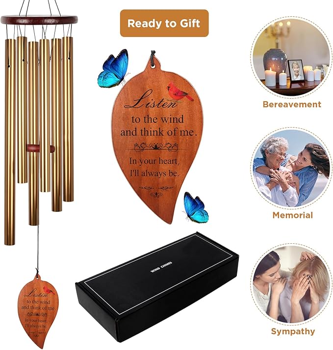 Golden Aluminium Windchimes for Outdoors - Deep Tone Memorial Wind Chimes for Loss of Loved One