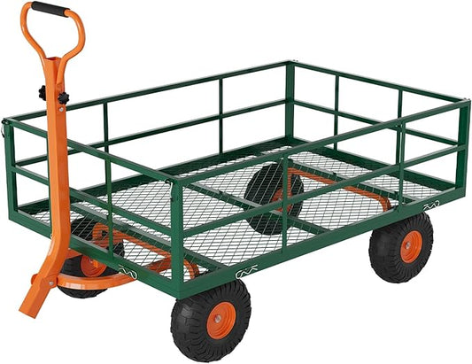 Versatile Garden Cart for Lawn and Yard with Heavy Duty Steel, 1200 Lbs Capacity Mesh Steel Garden Cart Folding Utility Wagon with Removable Side Panels, Long Handle, 10" Tires - Green and Orange