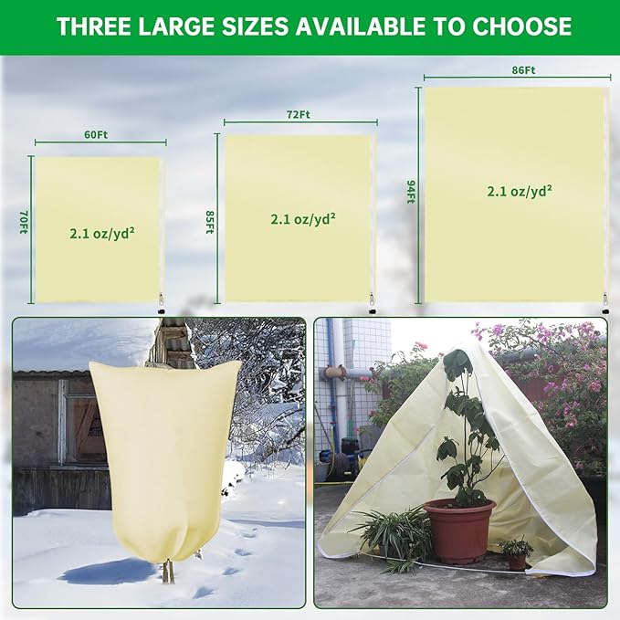 Frost Cloths for Outdoor Plants, 86" X 94" Plant Covers for Winter, 2 Packs Frost Blankets for Outdoor Plants, Frost Cover with Zipper Drawstring | Plant Covers Freeze Protection