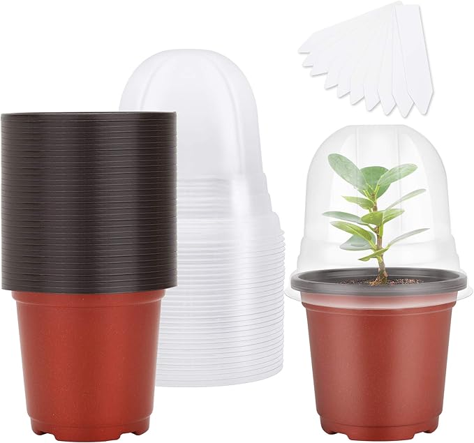 MIXC Plant Nursery Pots with Humidity Dome 4" Soft Transparent Plastic Gardening Pot Planting Containers Cups Planter Small Starter Seed Starting Trays for Seedling with 10pcs Plant Labels,30 Sets