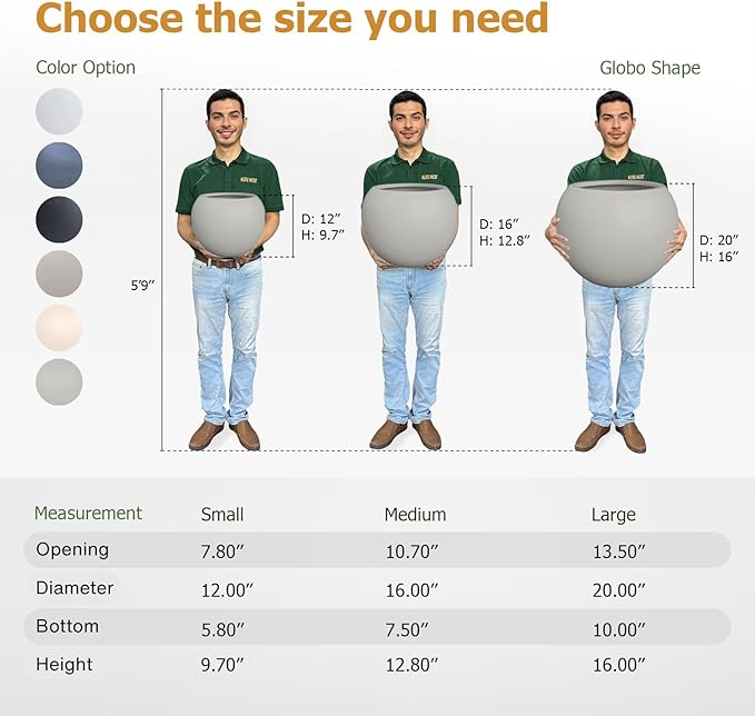 12.8βH x 16βD Globo Fiberstone Round Planter with Drainage Hole, Weather Resistant, Planters for Indoor Plants & Outdoor, 2 Extra Coco Mats (Light French Gray, 10.7β Pot Opening)