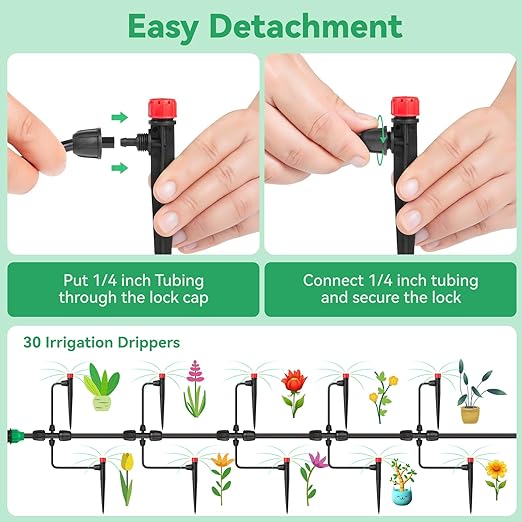 Adjustable Drip Irrigation Emitters with Stakes: 30 Pcs Drip Emitters for 1/4 Inch Drip Irrigation Tubing,360 Degree Irrigation Drippers for Garden Watering
