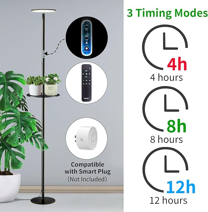 chiphy Grow Lights, Full Spectrum Plant Light for Indoor Plants, 4/8/12H Timer, 40W All Metal Floor Grow Lamp, 10 Dimmable Brightness, 69" Tall with Tray, Remote Control, Ideal for Large Tall Plants