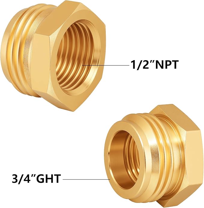Garden Hose Adapter: Brass 3/4" GHT Male to 1/2" NPT Female Reducer, Leak-Proof Connector (3/4" GHT Male to 1/2" NPT Female, 3-Pack)
