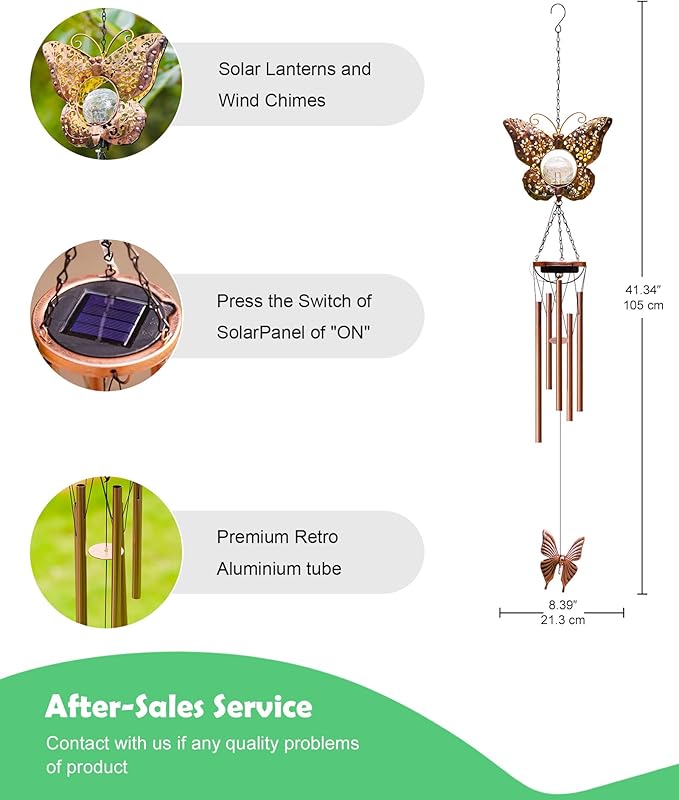 Wind Chimes Outdoor Indoor Decor: Birthday Gifts for Mom Grandma - Outside Lights for Garden Yard Patio Porch(Butterfly)