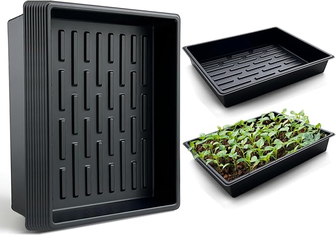 Seed Starter Tray, 10 Packs Plant Tray, Durable Plastic Growing Trays, Stackable Seedling Starter Trays Perfect for Indoor, Outdoor, Greenhouses, 16.5" L x 13.2" W x 2.8" H - Black