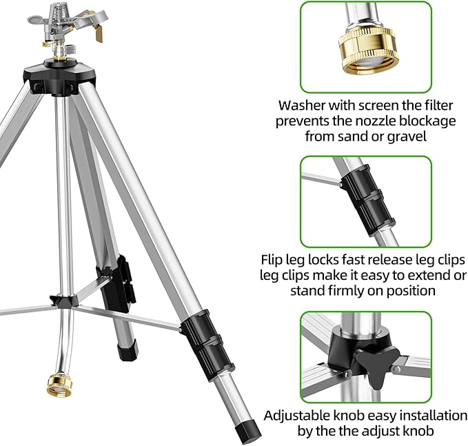 SPECILITE Brass Impact Sprinkler on Tripod Base, 50” Heavy Duty Metal Pulsating Telescoping Sprinkler, 360 Degree Irrigation for Large Area, Yard, Lawn, Waters up to 90ft, Covering up to 6360sqft