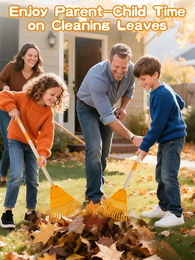 Acostop 2 Pcs Kids Rakes with Wood Handle - 34" Lightweight Plastic Garden Rake for Leaves, Safe to Use Kid Yard Tools for Boys Girls Fall Gardening Gifts (Yellow)